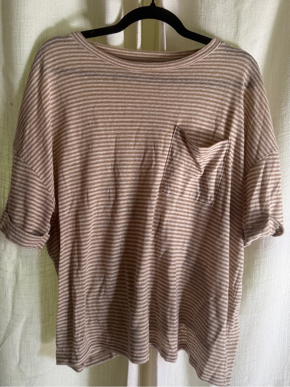aerie Taupe and Cream Striped Pocket Short Sleeve Top